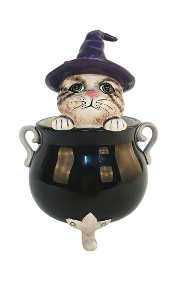 Tabby Cat Cauldron Witch 22491 Blue Sky Ceramic Figurine