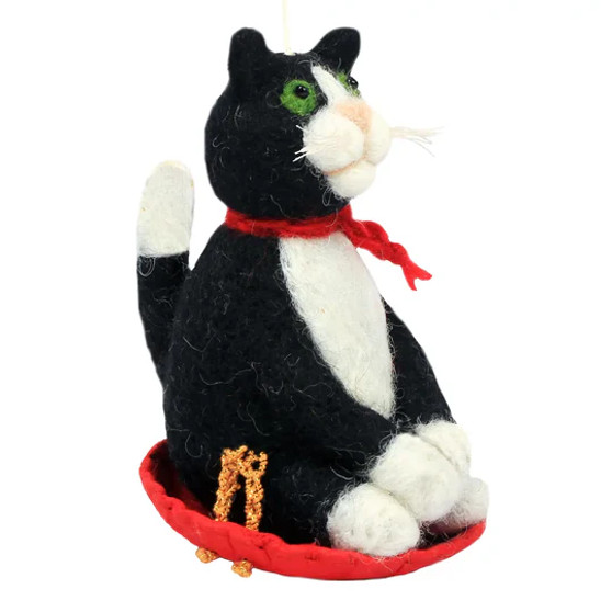 Sledding Kitty 471376 Tuxedo Cat Wild Woolies Felted Sheep Wool Ornament 4.5"H