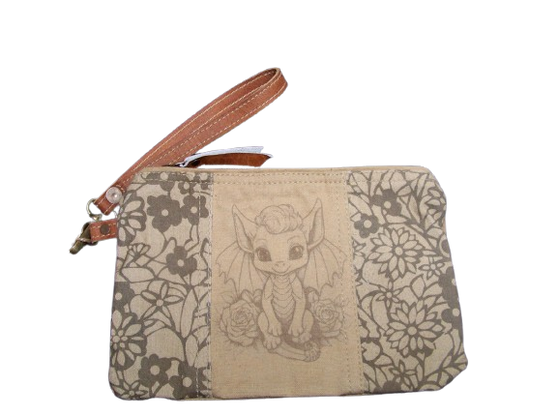 Rose Dragon 55909 Upcycled Canvas Wristlet Clutch Bag Purse Brown