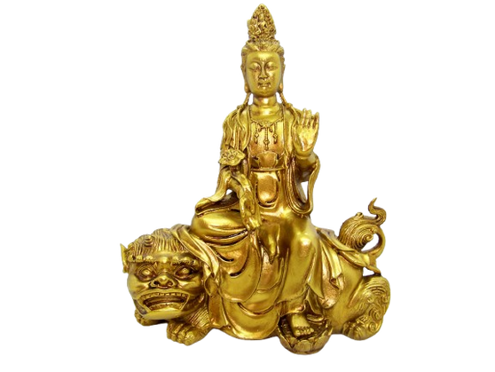 Kuan Yin 41754L Riding Lion Spirit Animal Figurine Resin 9" H Gold