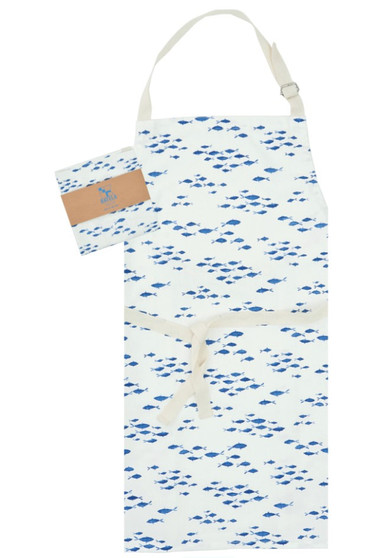 School of Fish D7392 Apron Cotton Blue White 31.4" H