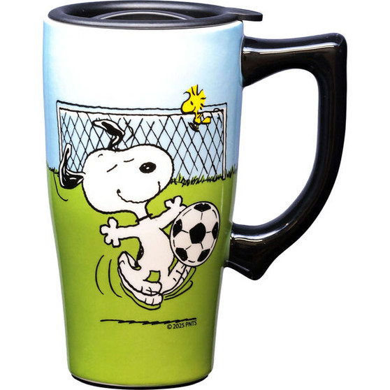 Snoopy Woodstock 12353 Soccer Ceramic Coffee Tea Travel Mug Cup 18 oz 6.4" H