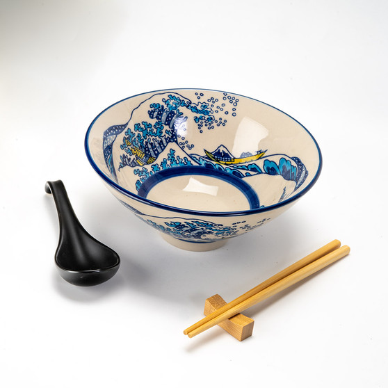 Great Wave Ramen Bowl Spoon Chopsticks and Rest Serving Set 6" D Porcelain Nagomi
