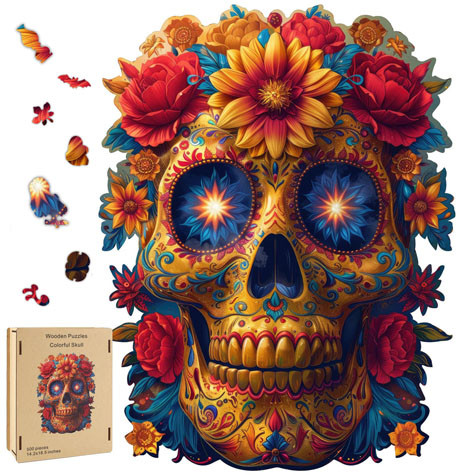 Sugar Skull and Roses 3515 Shaped 500 Pieces Wooden Jigsaw Puzzle  14.25 x 18.5"