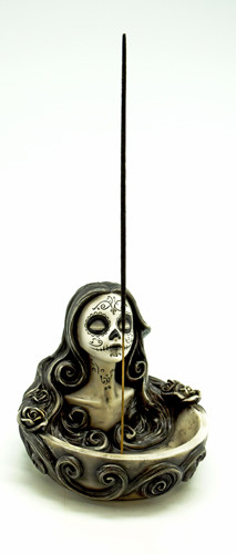 Catrina Sugar Skull 3468 Day of the Dead Cold Cast Resin Stick Cone Incense Burner 11.5" H