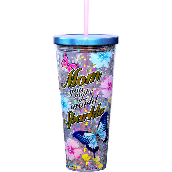 Mom 21373 You Make the World Sparkle Butterfly Floral Glitter Tumbler Cup w/ Straw 32 oz