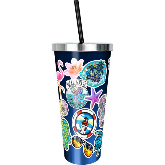 Nautical 18309 Lighthouse Mermaid Sea Life Sticker Art Foil Tumbler Cup w/ Straw 20 oz