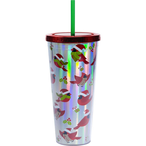 Christmas Cardinal 21689 Foil Tumbler Cup w/ Straw 20 oz