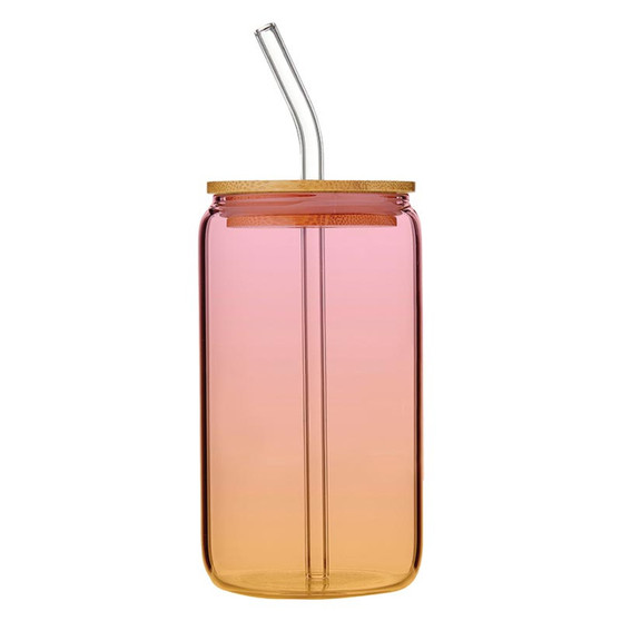 Ombre Pink Orange 16 oz Lidded Bamboo Tumbler Glass w/ Straw by Slant