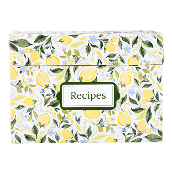 Sunshine Lemon Recipe Card Holder Box w/ Cards Dividers 6.6 L x 4.8" H