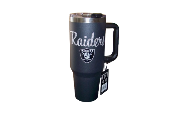 Raiders Las Vegas Oakland Team Name Bling 40 oz Rhinestone Handle Tumbler Black