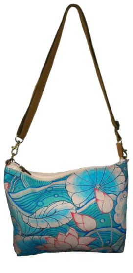 Oriental Flowers 601506 Water Lily Pond Canvas Leather Zipper Crossbody Sling Bag 10" L by Cott n Curls