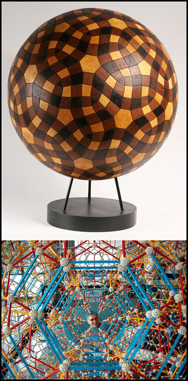 Wood sculpture and Zome model by George Hart