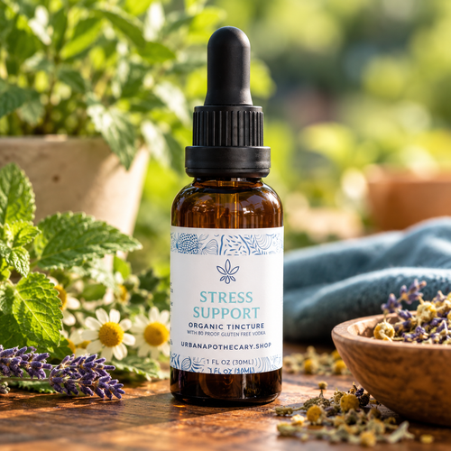 A natural herbal remedy for tension and stress featuring organic herbs like ashwagandha, holy basil, lavender and chamomile.