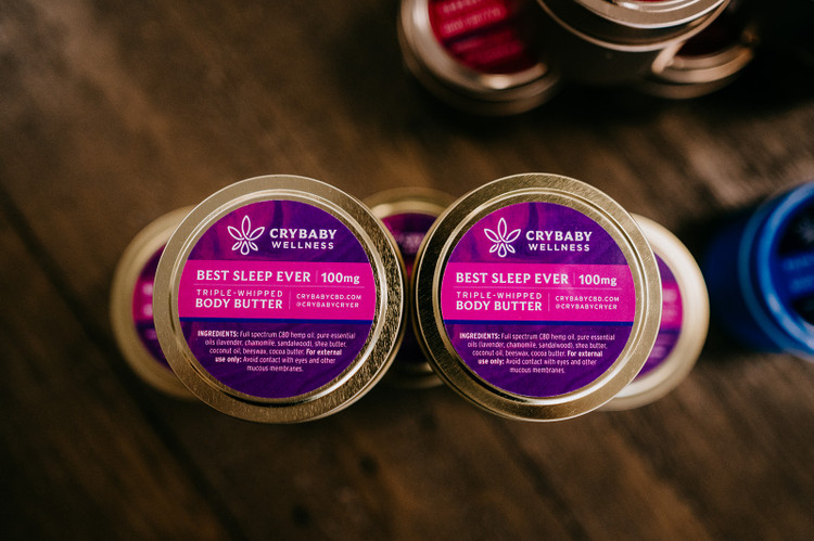 CryBaby CBD Body Butter infuses 100mg full spectrum CBD oil in a luxurious blend of shea butter, coco butter and coconut oil.