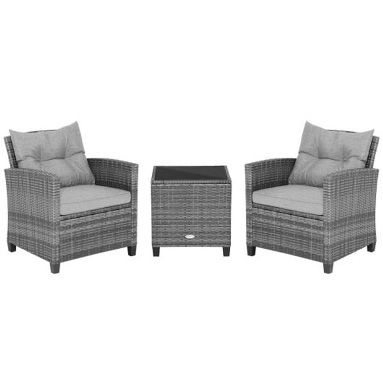 3 Pieces Outdoor Wicker Conversation Set with Tempered Glass Tabletop-Gray - Color: Gray D681-HW70267GR