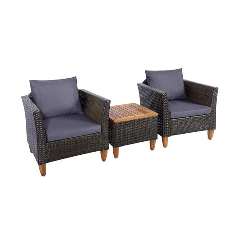 3 Pieces Outdoor Patio Wicker Furniture Set with Cushions and Acacia Wood Coffee Table-Gray - Color D681-HW71661GR