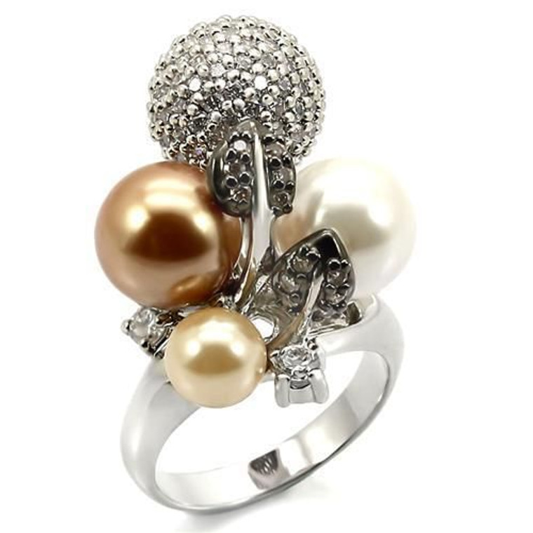 0W296 - Rhodium + Ruthenium Brass Ring with Synthetic Pearl in Multi Color A874-0W296