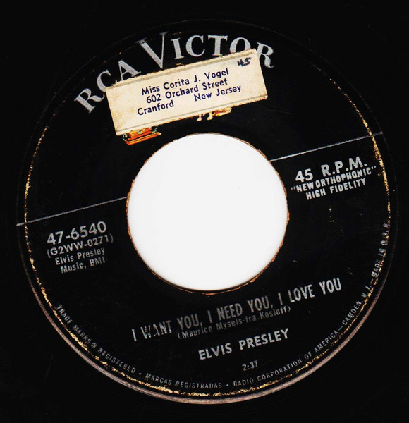 Elvis Presley-"I Want You, I Need You, I Love You/My Baby Left Me" 1956 45rpm