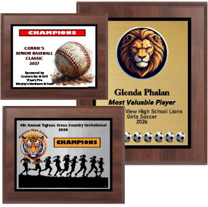 Cherry Finish Sports Plaque with Colored Logo and Text