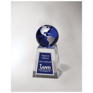 Crystal Trophy with Blue Globe - 5 1/4" Tall - K9124 Crystal Trophy with Blue Globe - 5 1/4" Tall - K9124