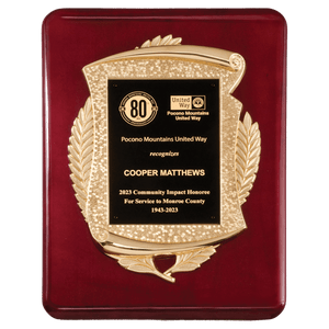 Rosewood Piano Finish Plaque with Metal Gold Scroll Frame Casting and Black Plate - 11" x 15" - P5473 Rosewood Piano Finish Plaque with Metal Gold Scroll Frame Casting and Black Plate - 11" x 15" - P5473
