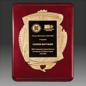 Rosewood Piano Finish Plaque with Metal Gold Scroll Frame Casting and Black Plate