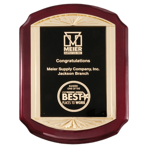 Rosewood Piano Finish Plaque with Metal Gold Sunburst Frame Casting and Black Plate - 11" x 15" - P5466 Rosewood Piano Finish Plaque with Metal Gold Sunburst Frame Casting and Black Plate - 11" x 15" - P5466