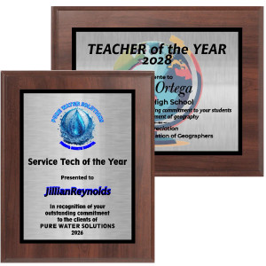 Digitally Color Printed Brushed Silver Plate on Cherry Finish Plaque with  background plate