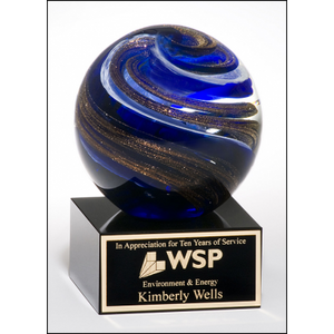 Art Glass Globe with blue, white and metallic gold highlights - 5" Art Glass Globe with blue, white and metallic gold highlights - 5"