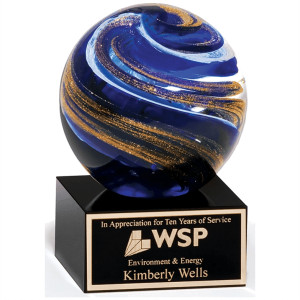 Art Glass Globe with blue, white and metallic gold highlights