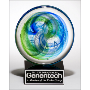 Art Glass Disk with blue and light green accents - 7 1/4" Art Glass Disk with blue and light green accents - 7 1/4"