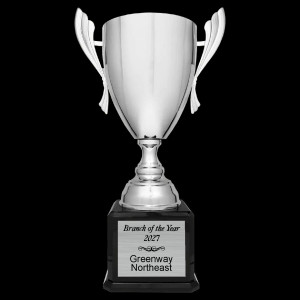 Silver Metal Cup Trophy on Black Royal Piano Finish Base