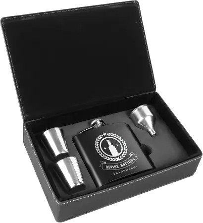 6 oz. Black Stainless Steel Flask Set in Black/Silver in Leatherette Box