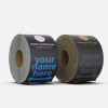 Custom packaging tape roll beauty—Your Name Here design on brown kraft vs white kraft; side-by-side comparison on gray background.