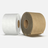 Custom packaging tape materials—blank rolls showing white kraft vs brown kraft starting stock on a blue background.