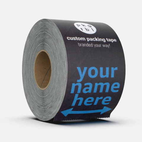 Custom packaging tape roll—“Your Name Here” design, full-color, water-activated, reinforced; one-strip seal.