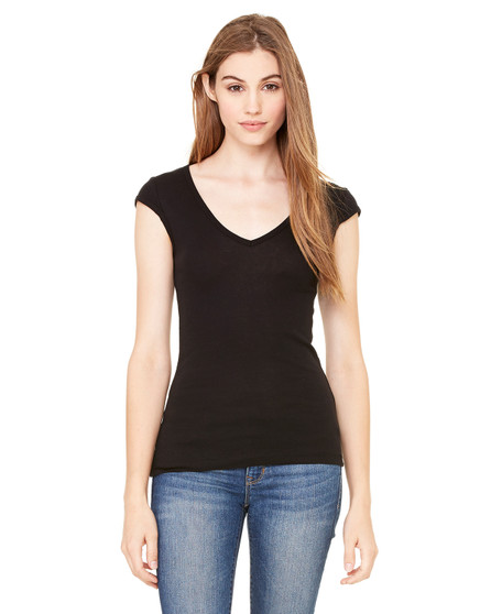 B8705 Bella + Canvas Ladies' Sheer Mini Rib Cap-Sleeve Deep V-Neck T-Shirt