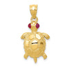 14k Yellow Gold Polish Textured Genuine Sea Turtle With Ruby Eyes Charm Pendant
