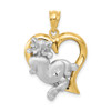 14k Two Tone Diamond Cut Solid Satin Casted Open Back Cat In Heart Charm Pendant