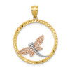 14k Yellow Rose And White Gold Diamond Cut Dragonfly In Circle Charm Pendant