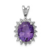 Sterling Silver Rhodium Plated Purple Amethyst & Diamond Halo Oval Pendant