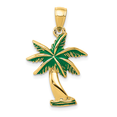 14k Yellow Gold Solid Concave Polished Enameled Beach Palm Tree Pendant