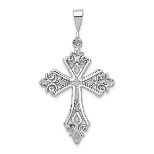 14K White Gold Polished & Satin Fleur De Lis Budded Cross Religious Pendant