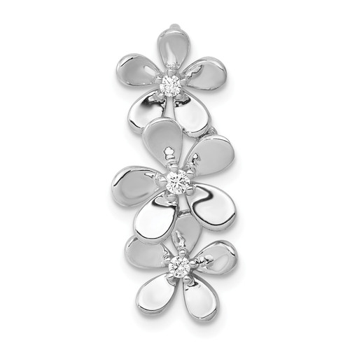 14k White Gold Round Diamond Three Flower Chain Slide Floral Pendant 0.09 Ct.