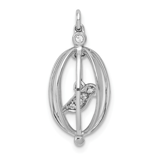 14k White Gold Round Diamond Fancy Bird in Cage Animal Pendant 0.03 Ct.