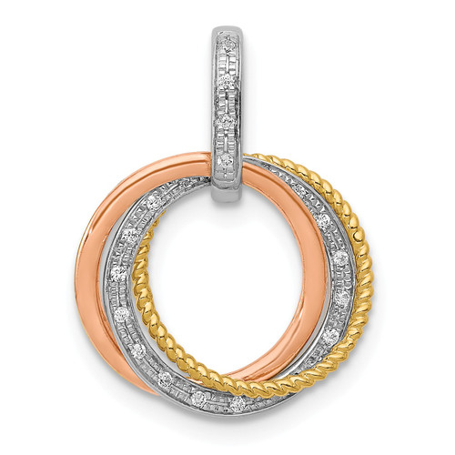 14k Tri Color Gold Round Diamond Textured Moveable Circles Pendant 0.07 Ct.