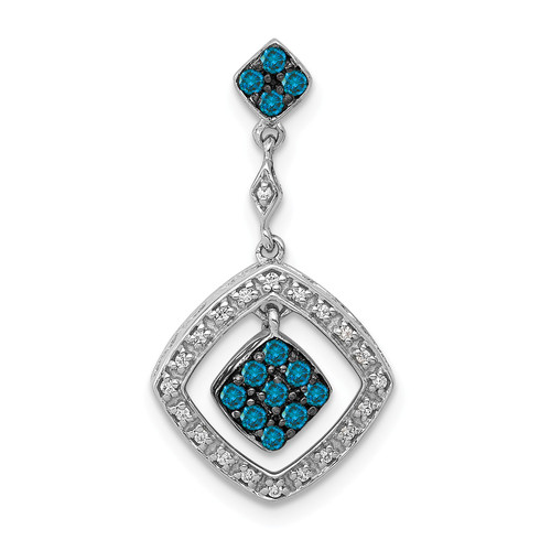 14k White Gold Round Blue Diamond Double Square Dangle Pendant 0.25 Ct.
