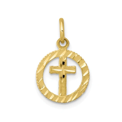 10k Yellow Gold Solid & Diamond Cut Cross In Circle For Eternal Life Charm