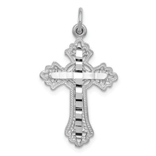 14k White Gold Solid & Diamond Cut Large Budded Cross Pendant Textured Charm